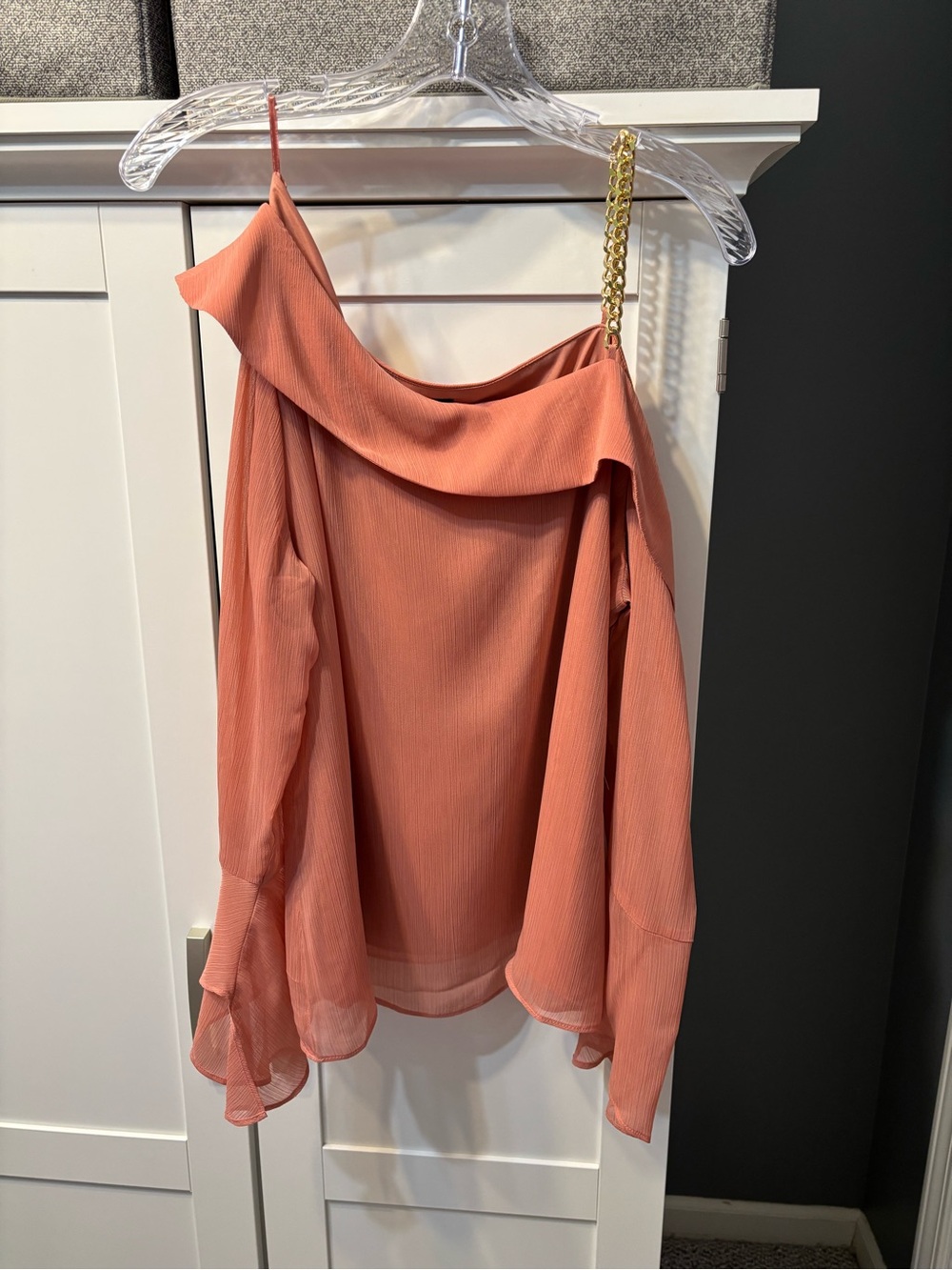 INC International Concepts Apricot-Peach Blouse has Gold Chain Accent L NWT Chic
